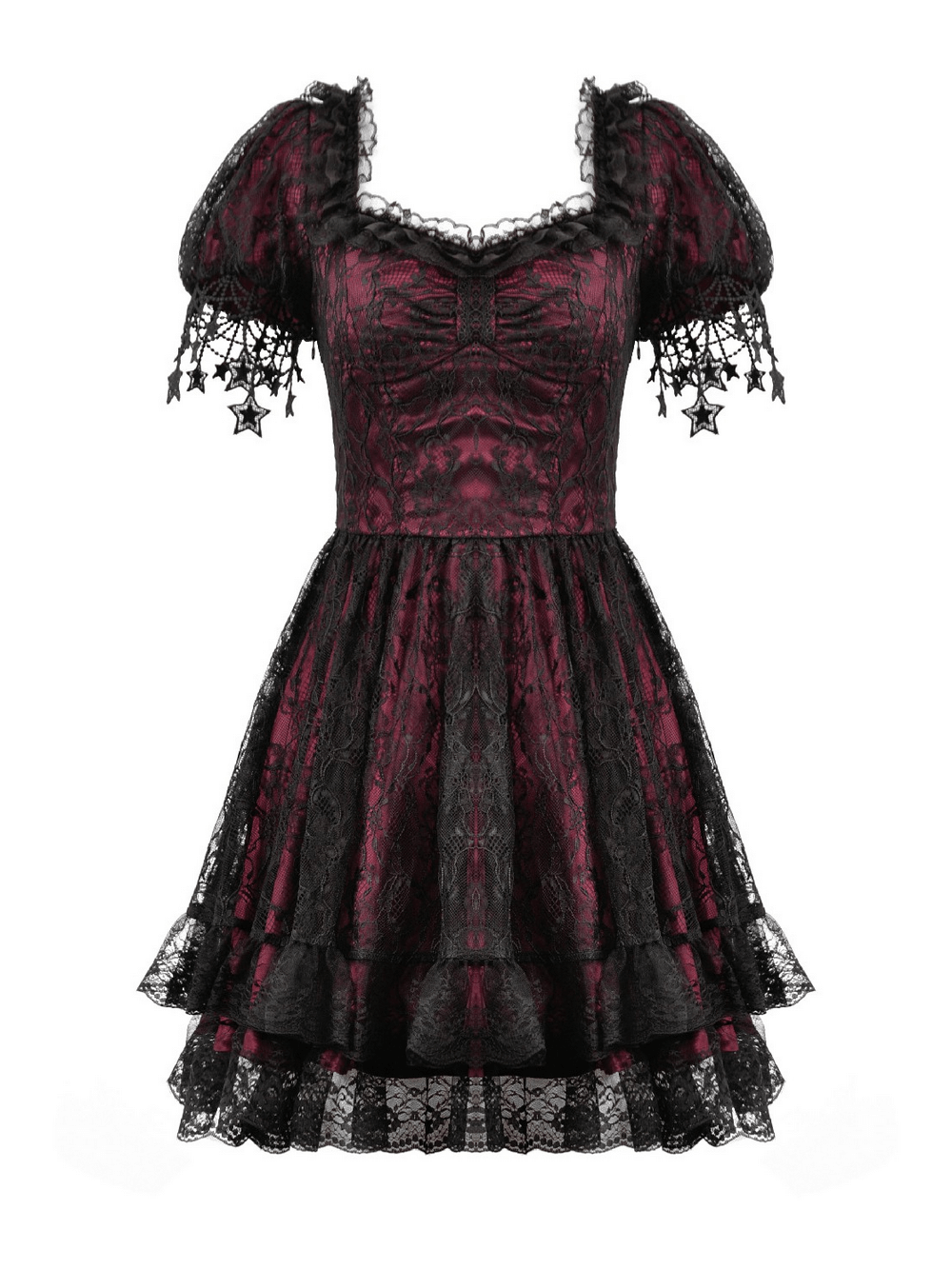 Burgundy Gothic Lace Corset Dress with Star Charm Sleeves - image 4