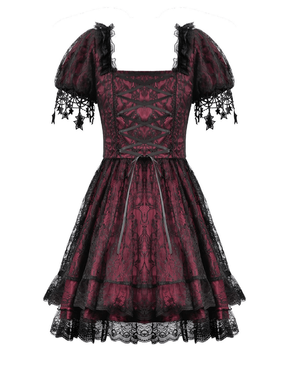 Burgundy Gothic Lace Corset Dress with Star Charm Sleeves - image 5