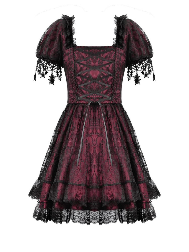 Burgundy Gothic Lace Corset Dress with Star Charm Sleeves - image 5