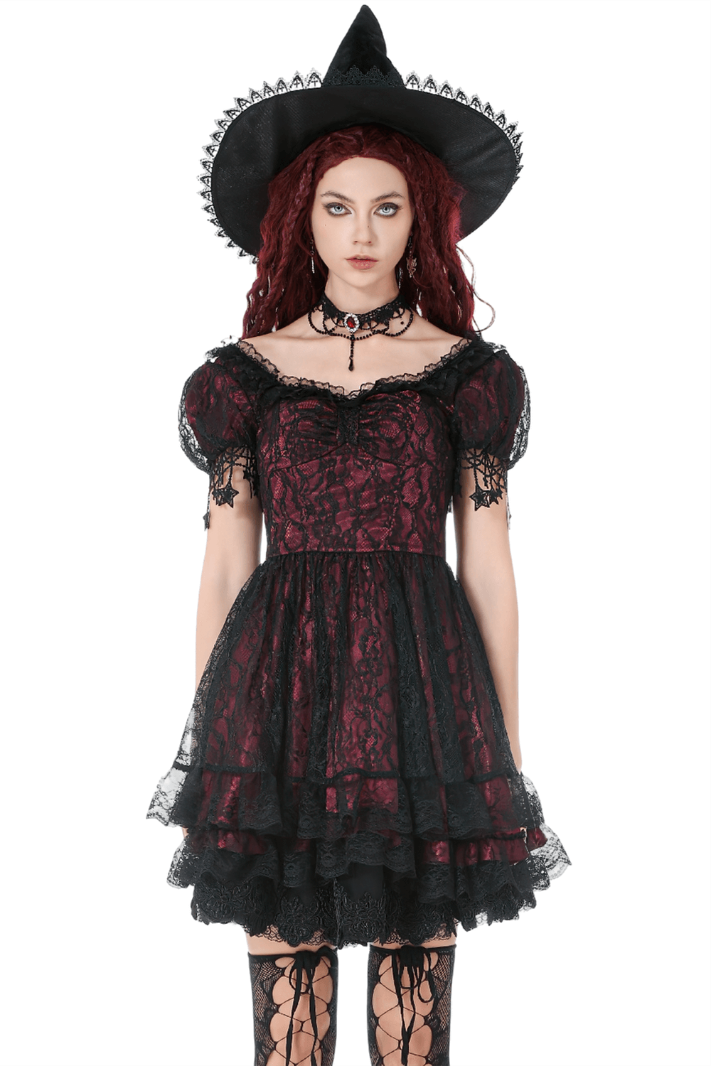 Burgundy Gothic Lace Corset Dress with Star Charm Sleeves - image 1