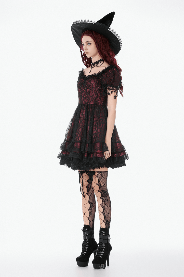 Burgundy Gothic Lace Corset Dress with Star Charm Sleeves - image 15