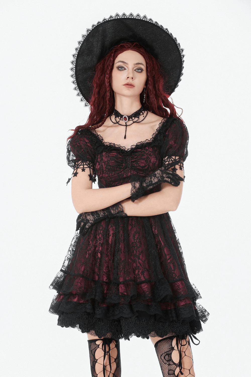 Burgundy Gothic Lace Corset Dress with Star Charm Sleeves - image 12