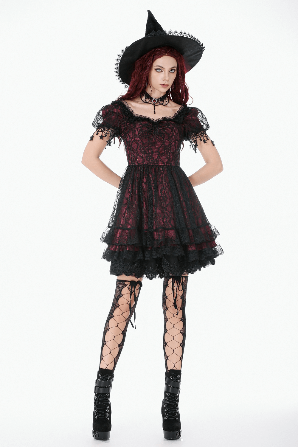 Burgundy Gothic Lace Corset Dress with Star Charm Sleeves - image 13