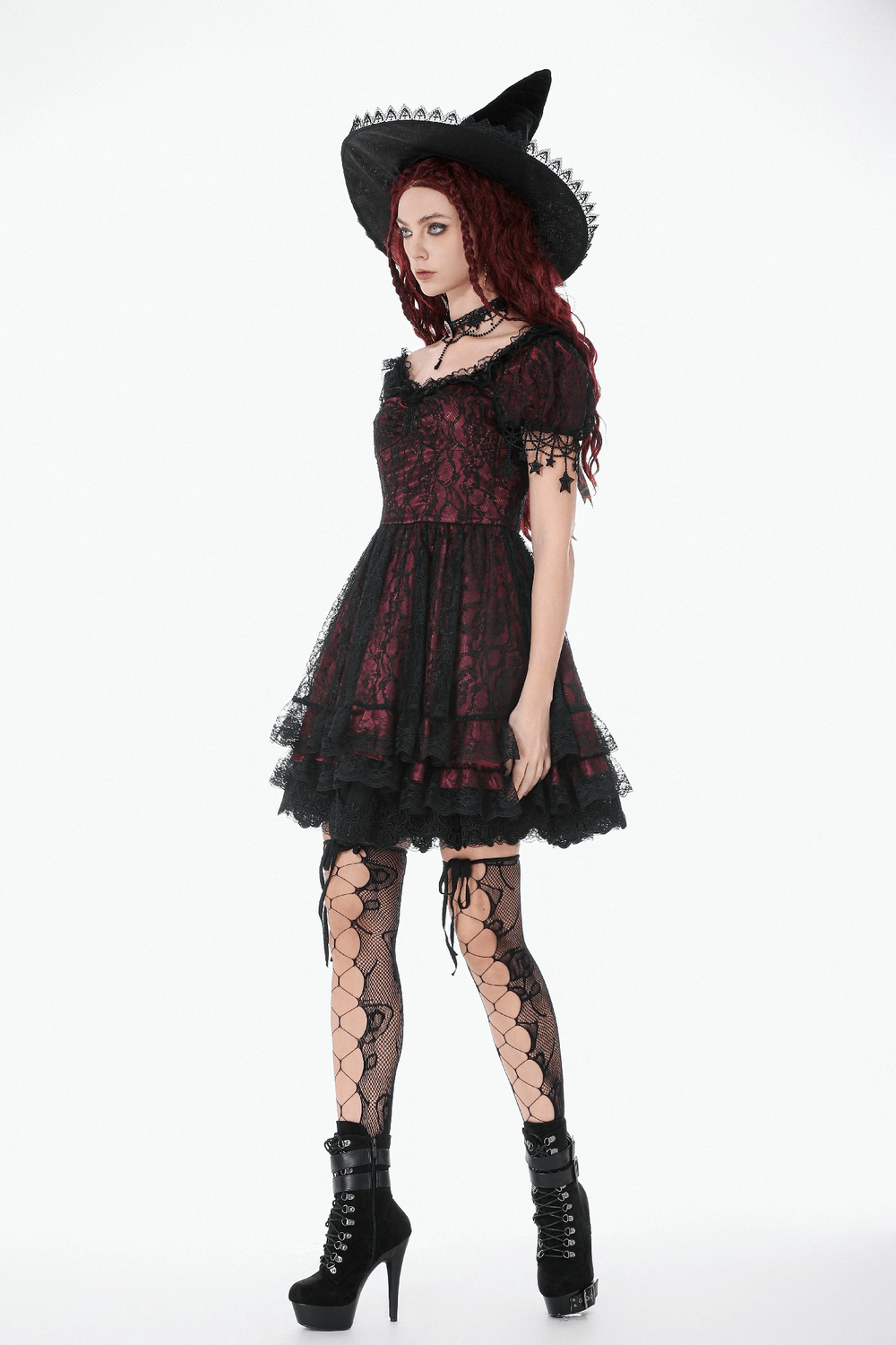 Burgundy Gothic Lace Corset Dress with Star Charm Sleeves - image 17