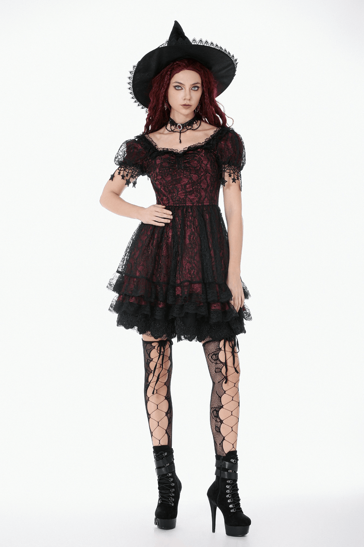 Burgundy Gothic Lace Corset Dress with Star Charm Sleeves - image 16