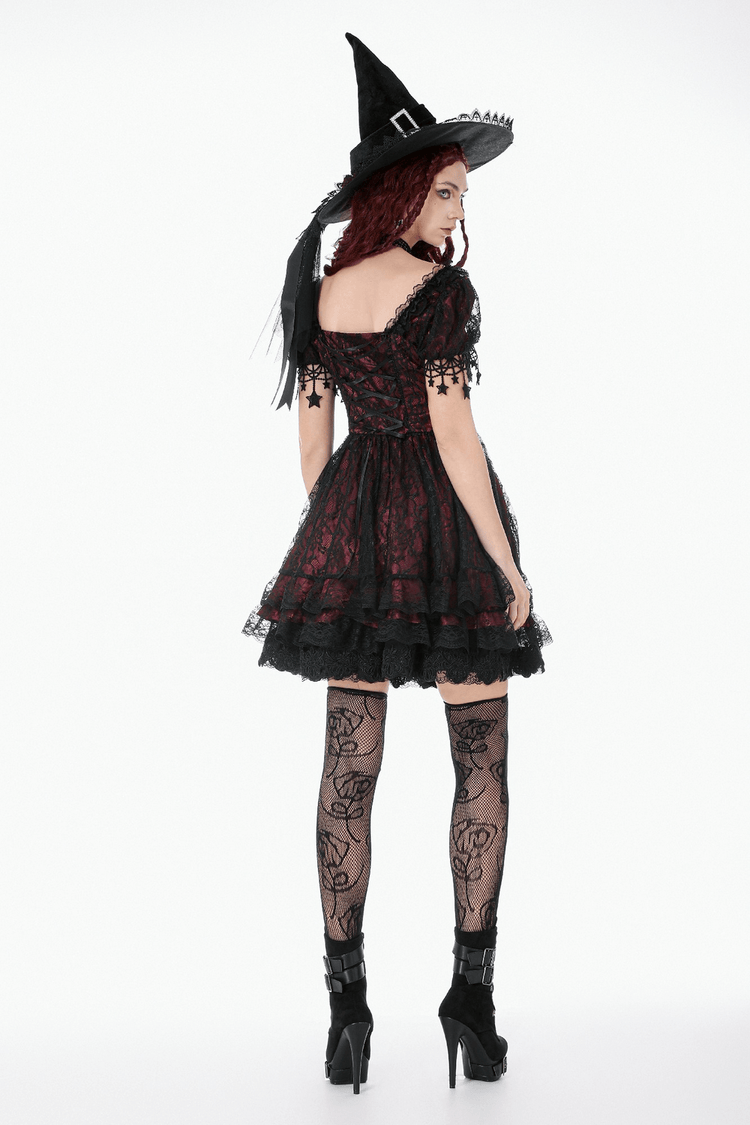 Burgundy Gothic Lace Corset Dress with Star Charm Sleeves - image 14