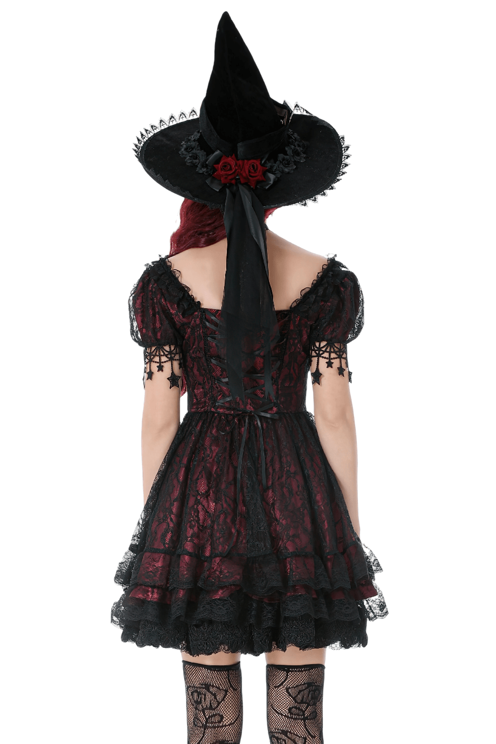 Burgundy Gothic Lace Corset Dress with Star Charm Sleeves - image 2