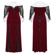 Burgundy Lace Trimmed Off-Shoulder Velvet Gown - image 3