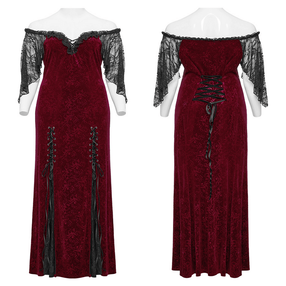 Burgundy Lace Trimmed Off-Shoulder Velvet Gown - image 3