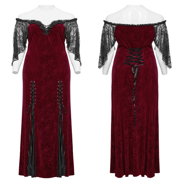 Burgundy Lace Trimmed Off-Shoulder Velvet Gown - image 3