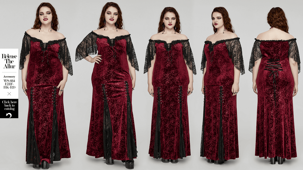 Burgundy Lace Trimmed Off-Shoulder Velvet Gown - image 14