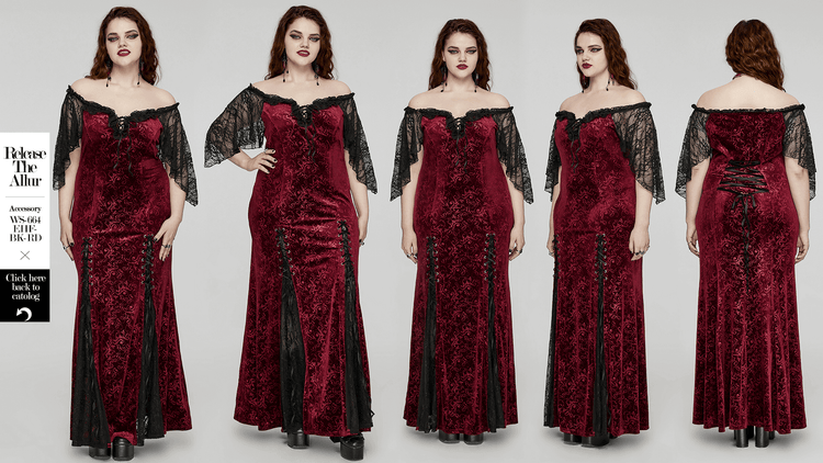 Burgundy Lace Trimmed Off-Shoulder Velvet Gown - image 14