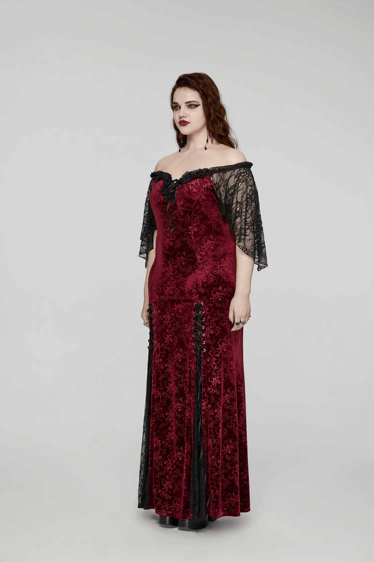 Burgundy Lace Trimmed Off-Shoulder Velvet Gown - image 11