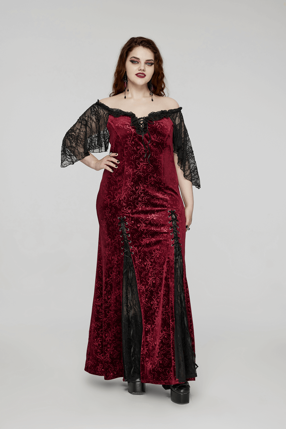 Burgundy Lace Trimmed Off-Shoulder Velvet Gown - image 12