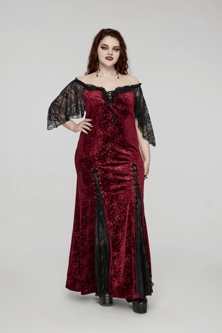 Burgundy Lace Trimmed Off-Shoulder Velvet Gown - image 12