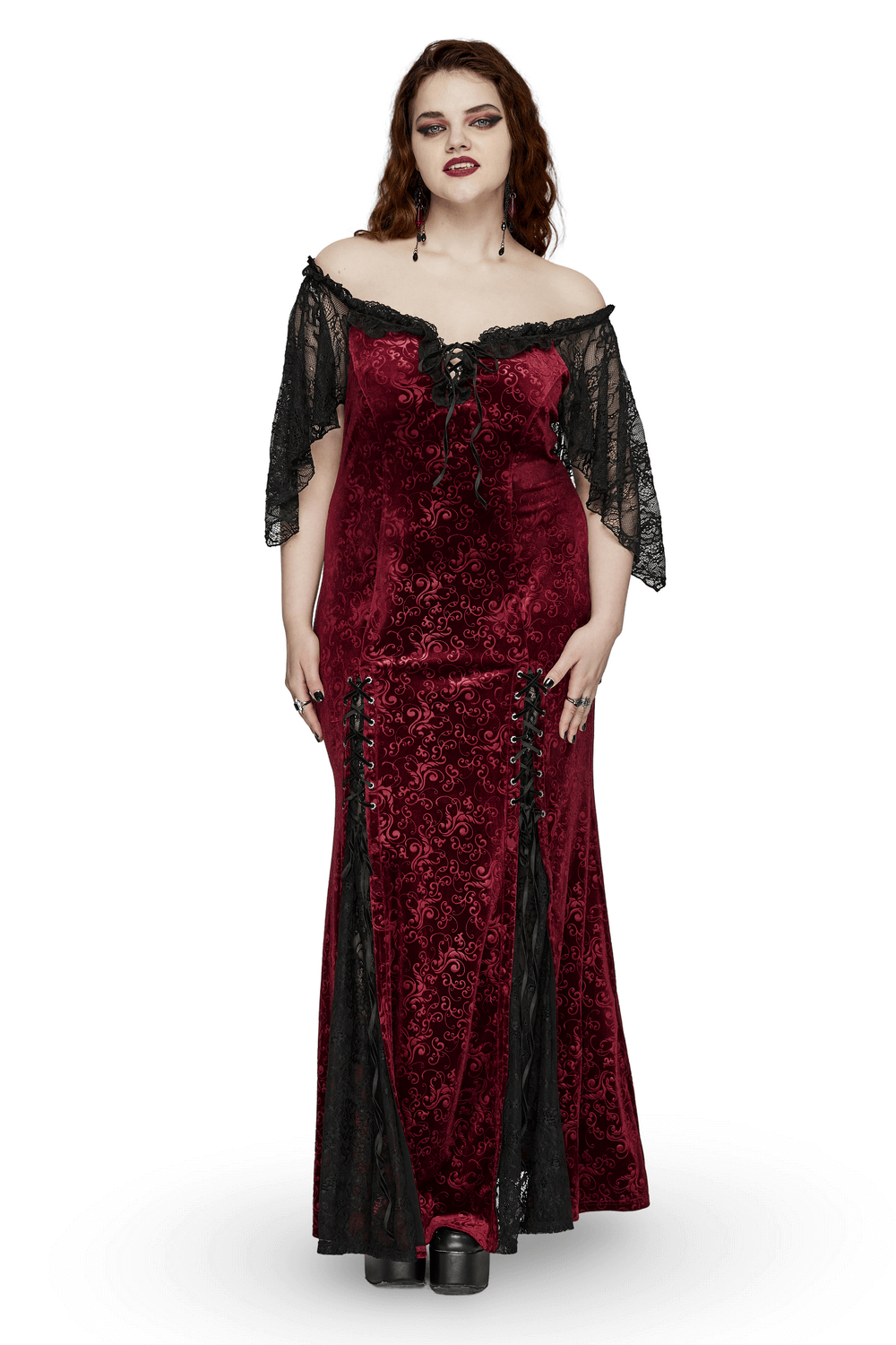 Burgundy Lace Trimmed Off-Shoulder Velvet Gown - image 1