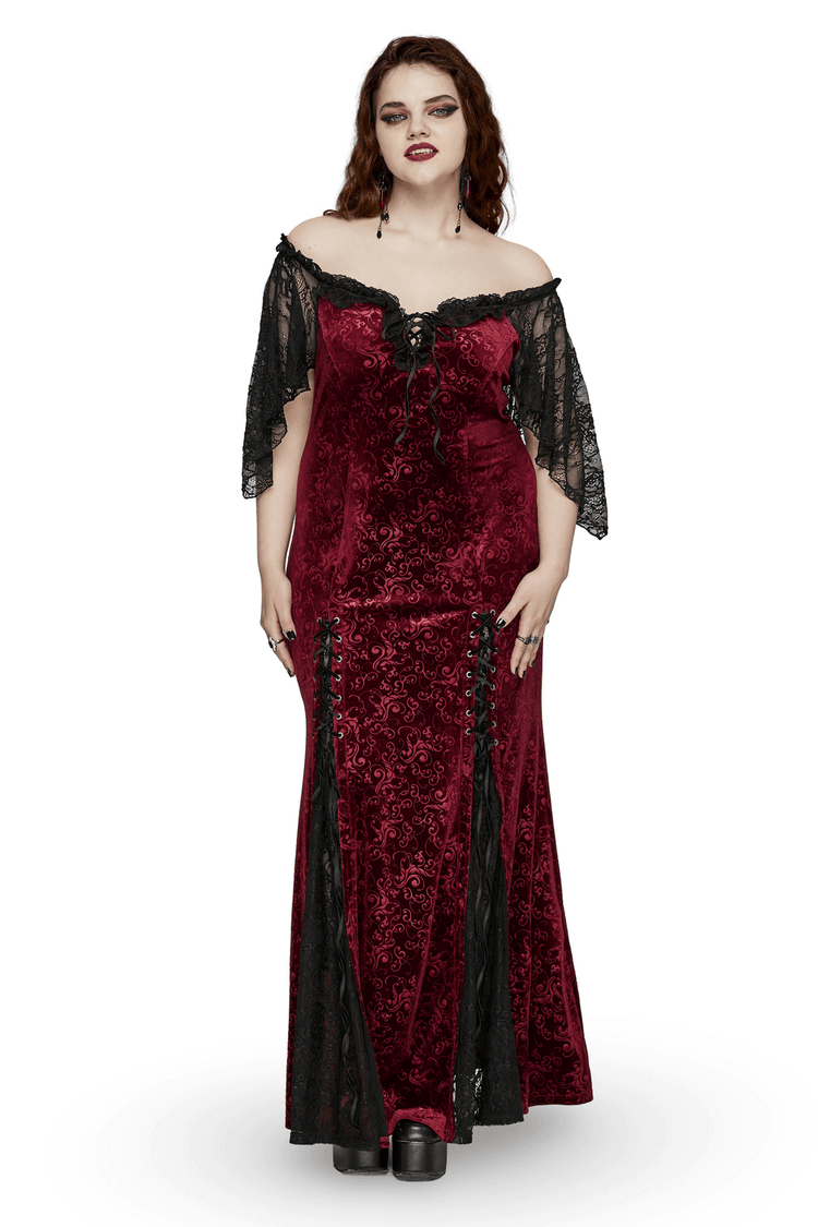 Burgundy Lace Trimmed Off-Shoulder Velvet Gown - image 1