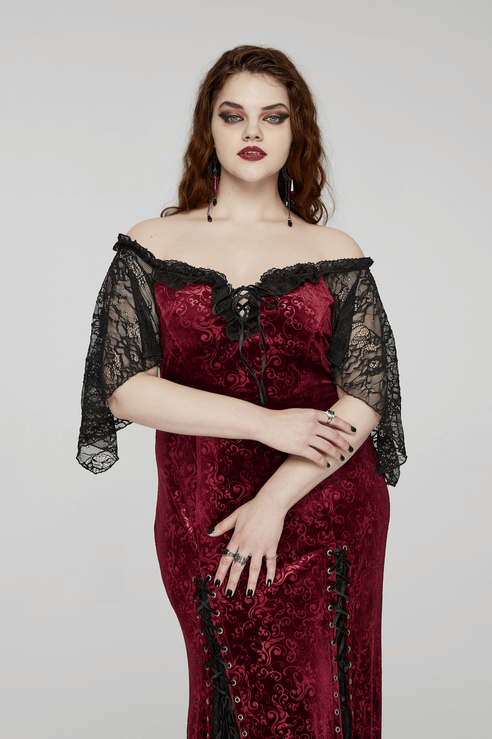 Burgundy Lace Trimmed Off-Shoulder Velvet Gown - image 13