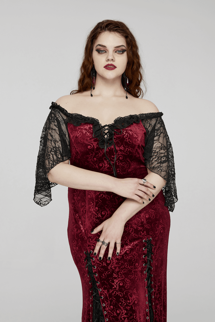 Burgundy Lace Trimmed Off-Shoulder Velvet Gown - image 13