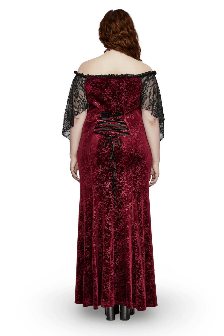 Burgundy Lace Trimmed Off-Shoulder Velvet Gown - image 2