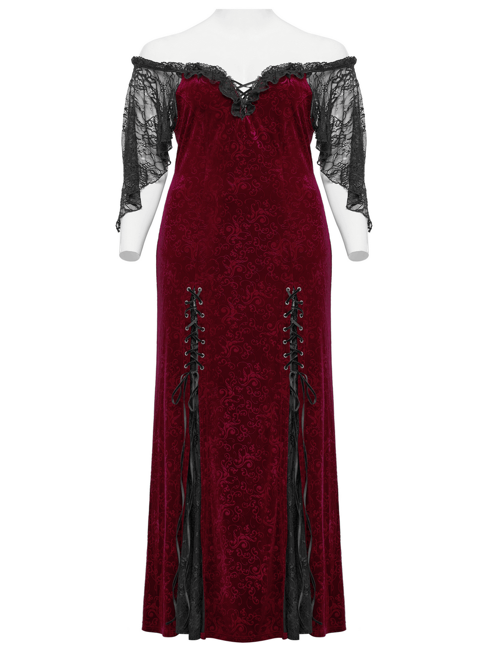 Burgundy Lace Trimmed Off-Shoulder Velvet Gown - image 4