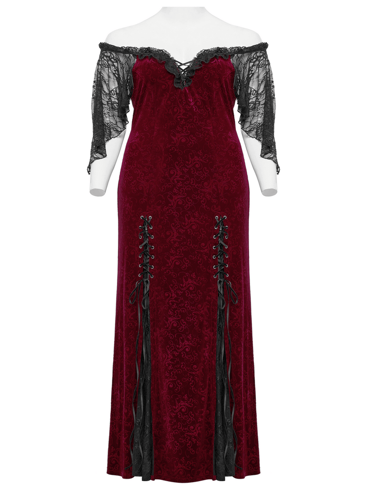 Burgundy Lace Trimmed Off-Shoulder Velvet Gown - image 4