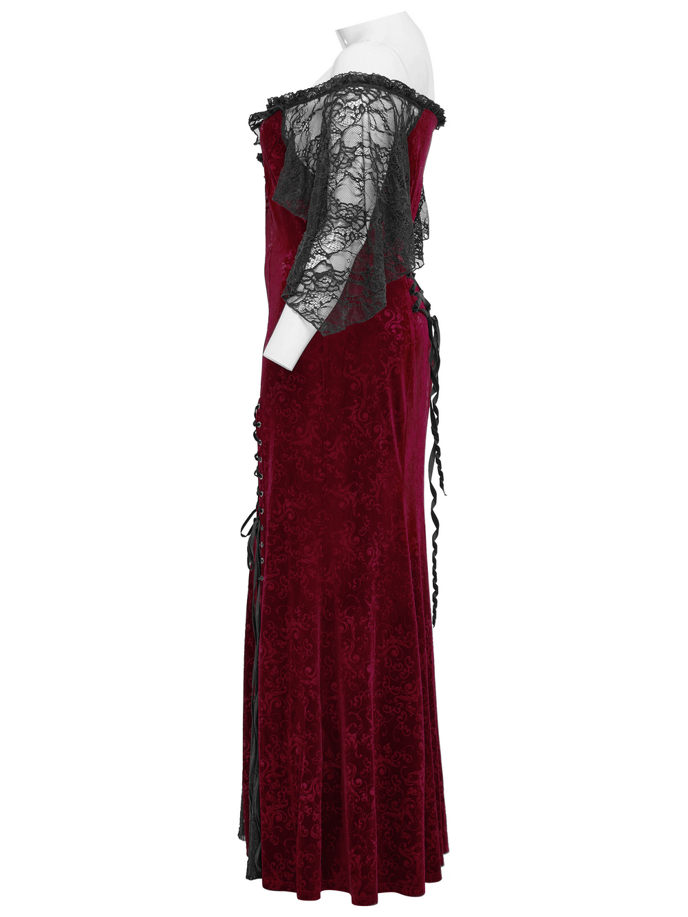 Burgundy Lace Trimmed Off-Shoulder Velvet Gown - image 5