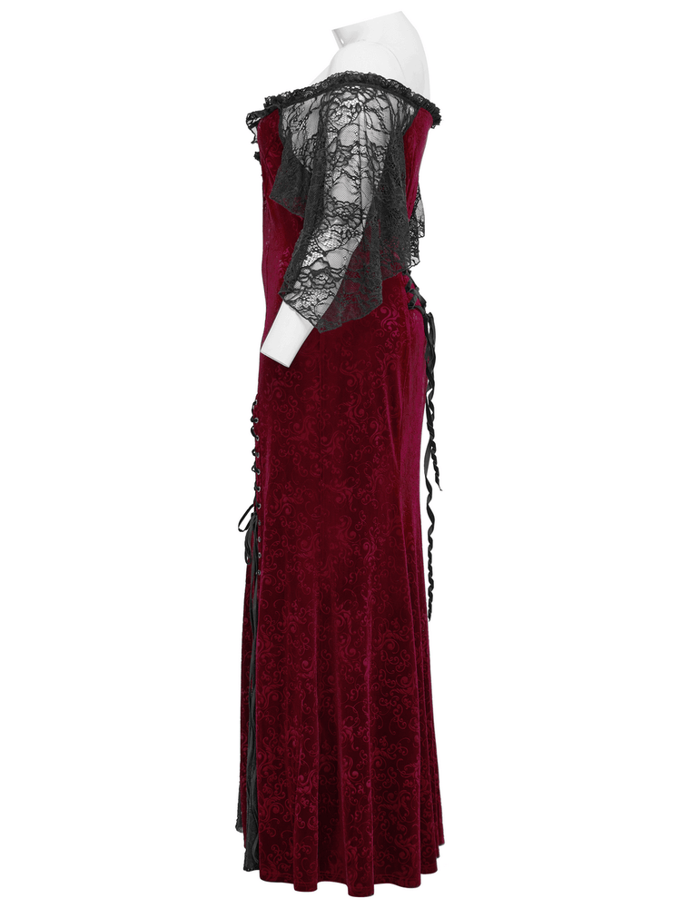 Burgundy Lace Trimmed Off-Shoulder Velvet Gown - image 5