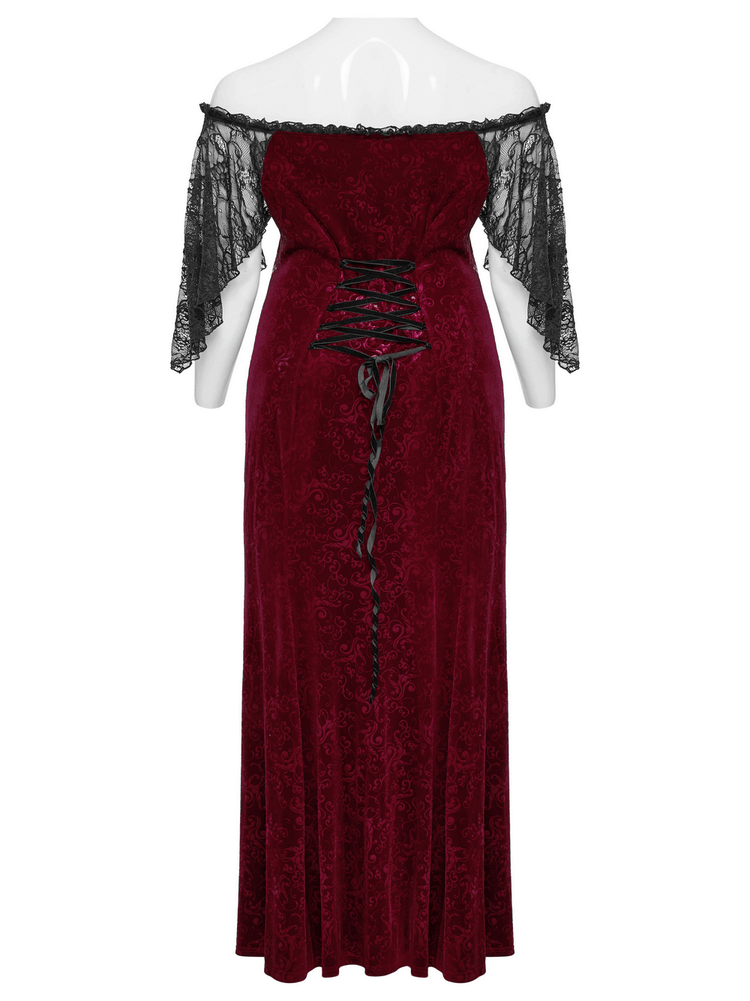 Burgundy Lace Trimmed Off-Shoulder Velvet Gown - image 6