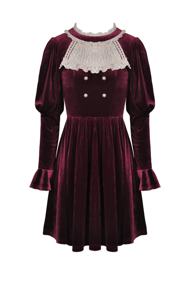 Burgundy Velvet Dress with Delicate Lace Accents - image 4
