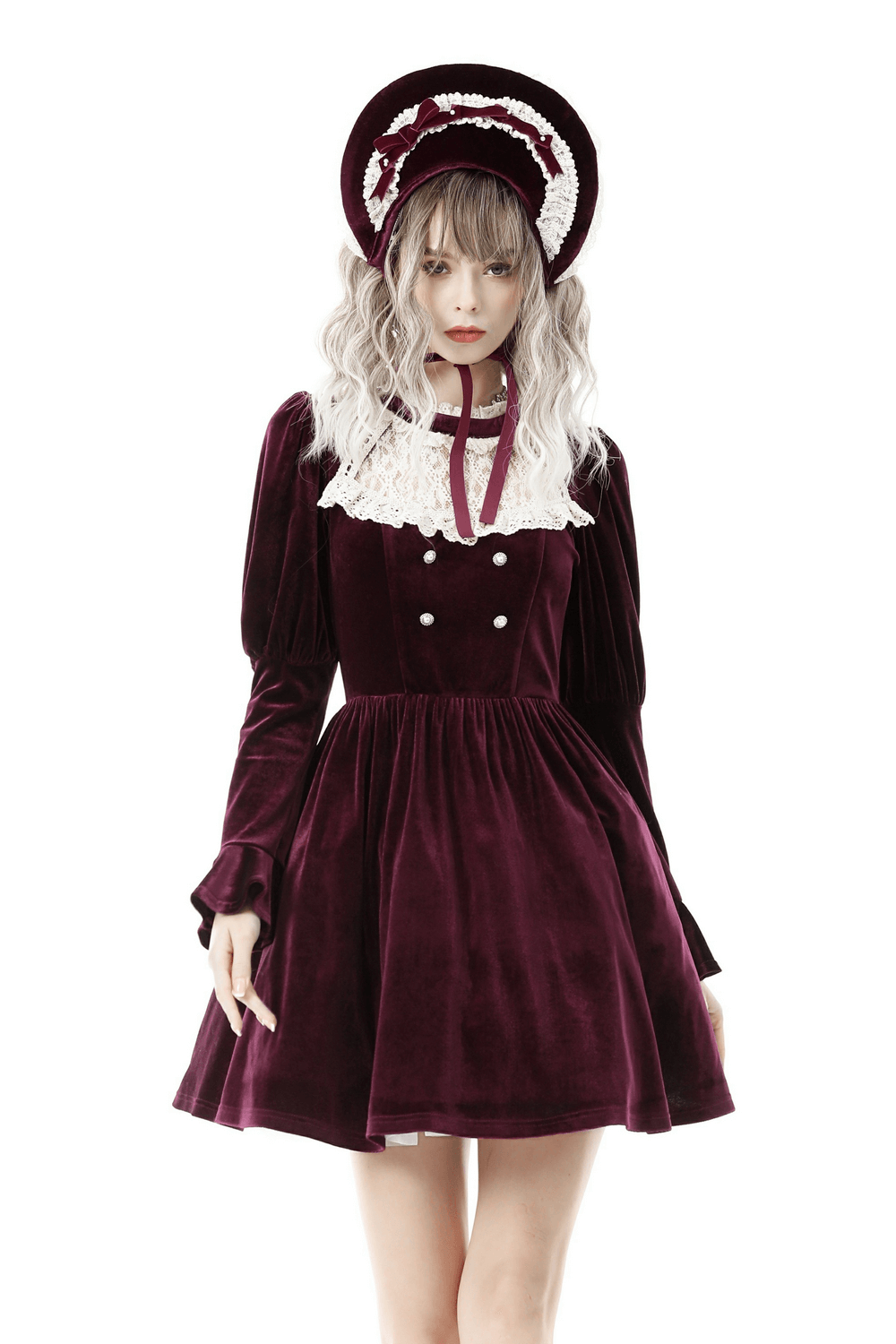 Burgundy Velvet Dress with Delicate Lace Accents - image 1