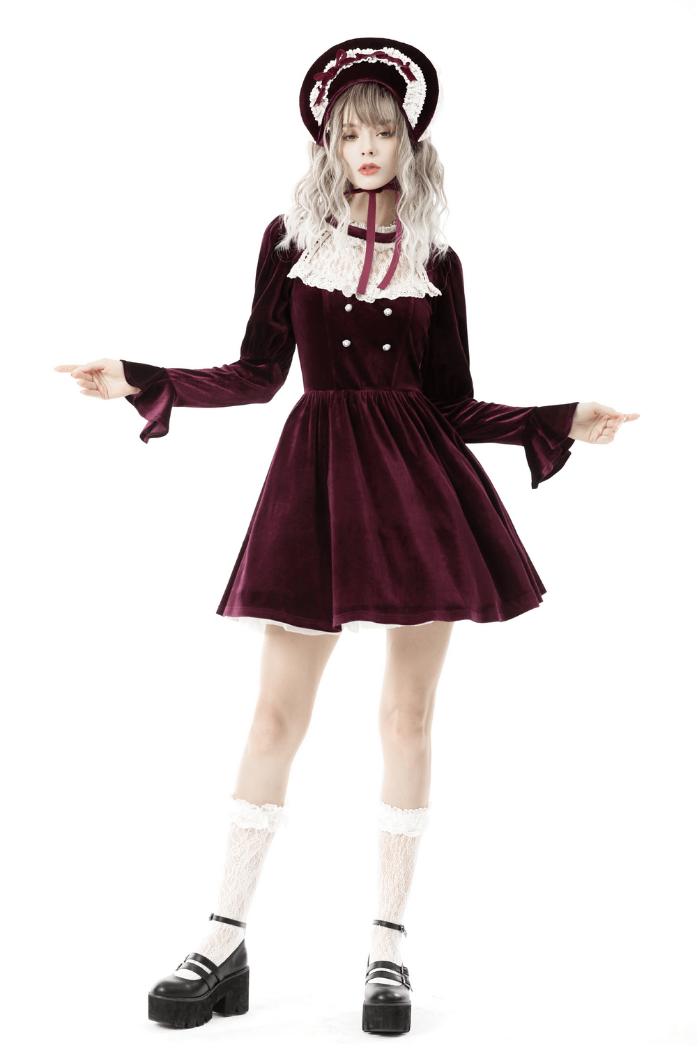 Burgundy Velvet Dress with Delicate Lace Accents - image 13