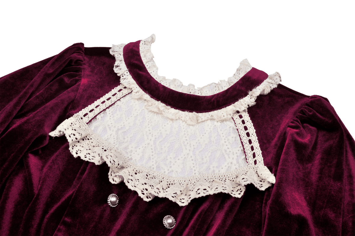 Burgundy Velvet Dress with Delicate Lace Accents - image 6