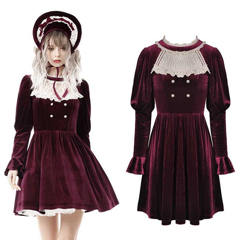 Burgundy Velvet Dress with Delicate Lace Accents - image 3