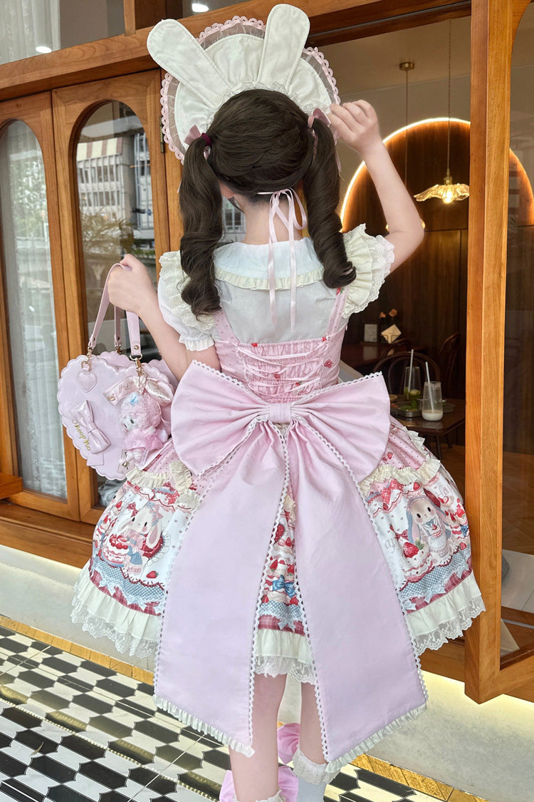 Pink [Sweet Bunny Party] Square Collar Sleeveless Printed Ruffled Bow Sweet Lolita Jsk Dress Set - Product - 5