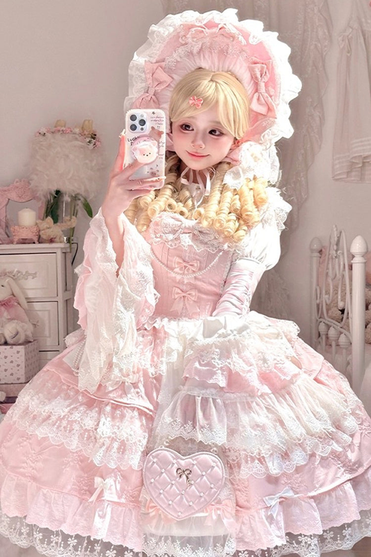 Pink [Ten Miles of Peach Blossoms] Sleeveless Multi-Layered Ruffle Embroidery Cardigan Bowknot Lace Pearl Sweet Gorgeous Lolita Jsk Dress - Product - 2