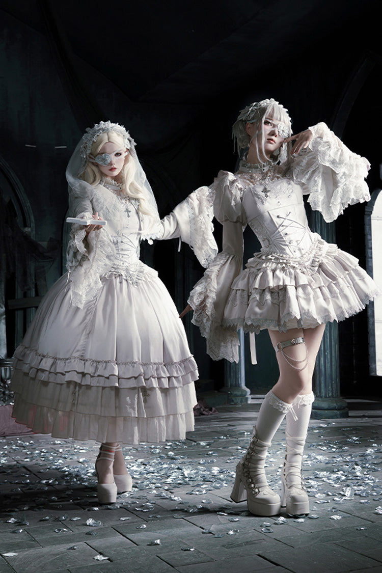 Solid Color [Bionic Doll] Square Collar Multi-Layered Ruffle Bowknot Lace-Up Gothic Lolita Long Skirt Corset Set - Product - 12