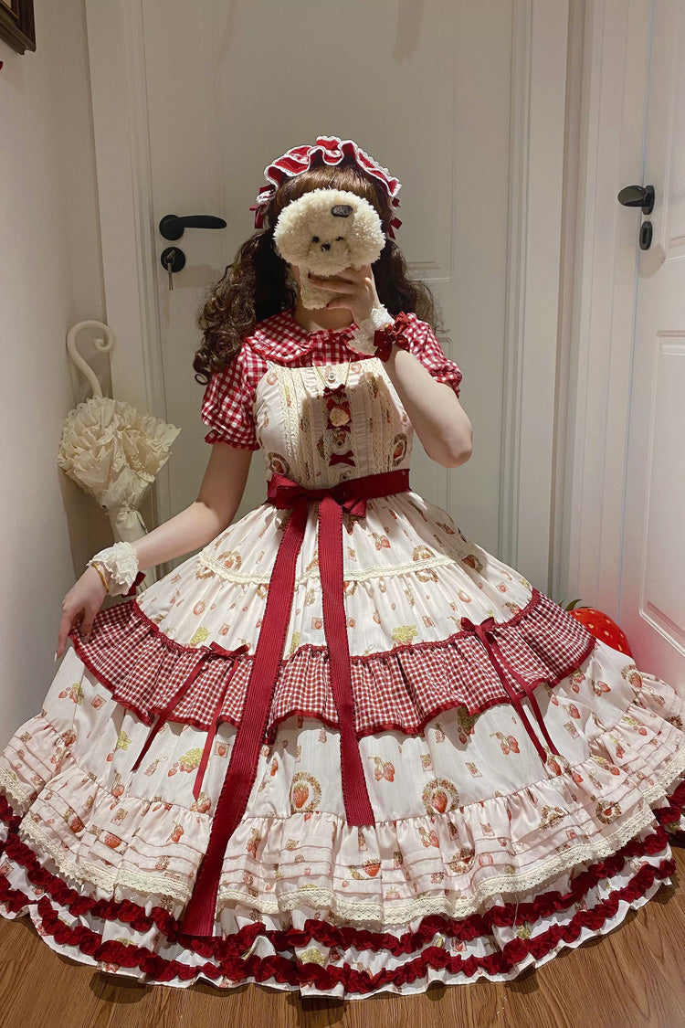 Red/Ivory [Little Flying Strawberry] Square Collar Sleeveless Multi-Layered Printed Ruffled Bow Sweet Lolita Jsk Dress - Product - 6