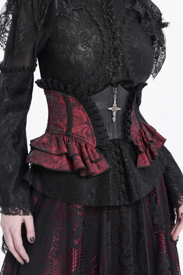 Black/Red Printed Spliced Lace Lace-Up Slim Zippered Women's Gothic Palace Corset - Product - 8