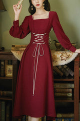 Wine Solid European Manor Square Collar Long Sleeves High Waisted Classic Lolita OP Dress - Wine - 1