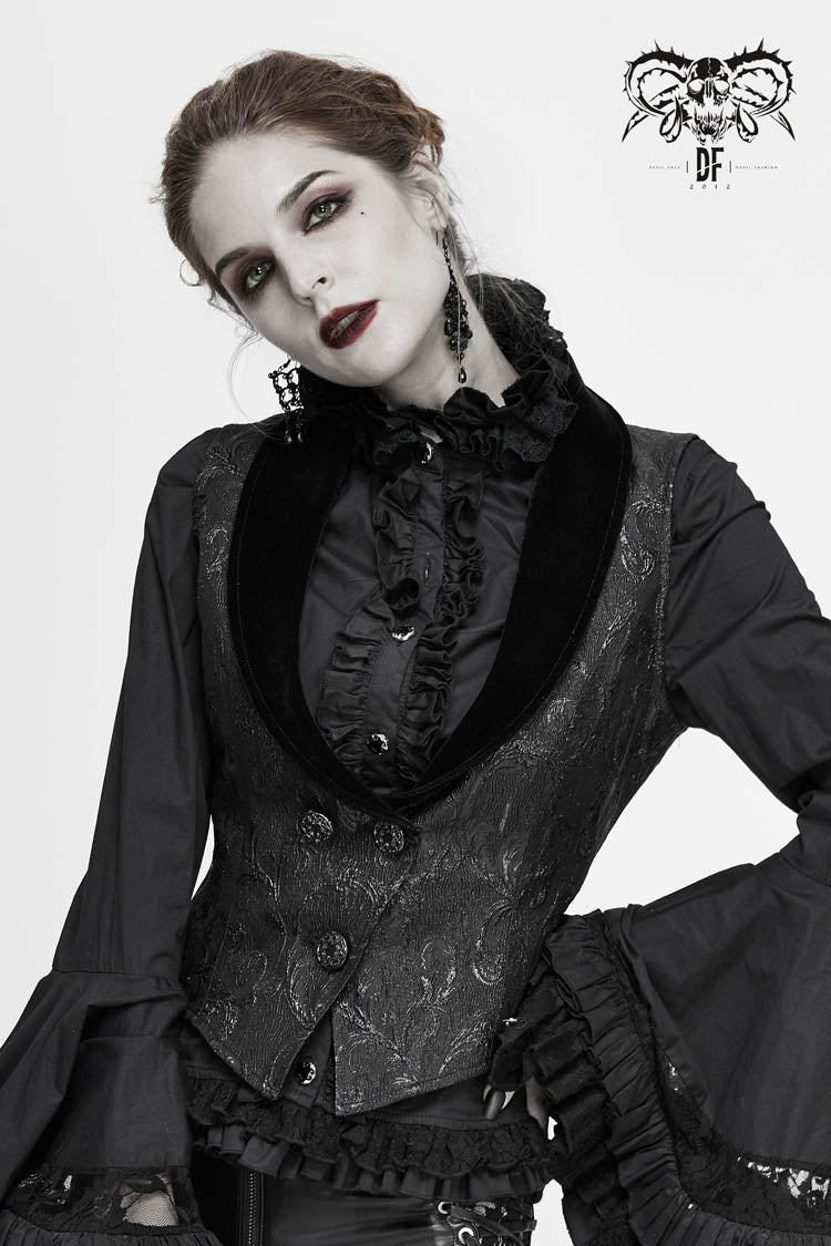 Black Velvet 3D Jacquard Low Collar Women's Gothic Waistcoat - Product - 2