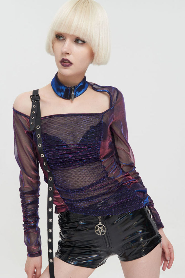 Multi-Color Punk Long Sleeve Mesh Neck Zipper Adjustable Shoulder Straps Asymmetric Women's T-Shirt - Product - 2