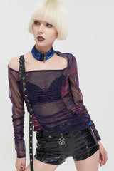 Multi-Color Punk Long Sleeve Mesh Neck Zipper Adjustable Shoulder Straps Asymmetric Women's T-Shirt - Product - 2