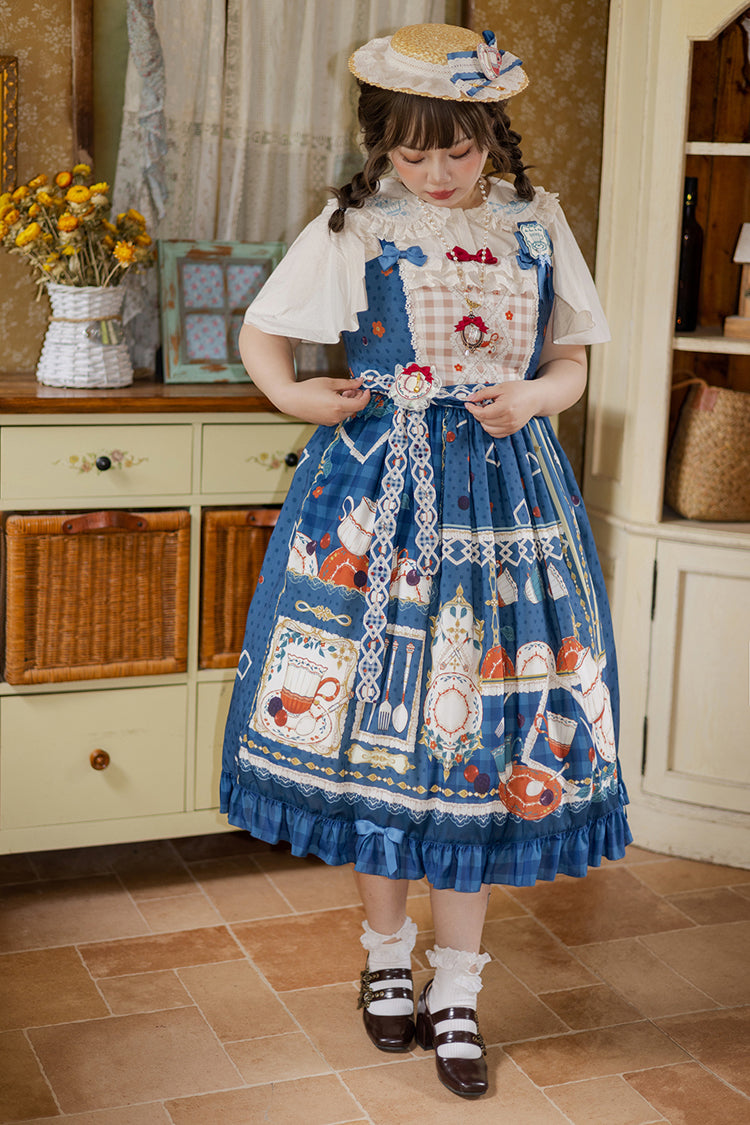 Dark Blue [Tea Party] Print Ruffle Bowknot Lace Sweet Elegant Lolita Jsk Dress - Product - 6