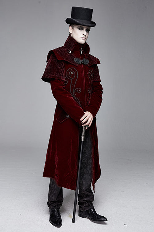 Red Gothic Stand Collar Velveteen Mens Coat - Product - 2