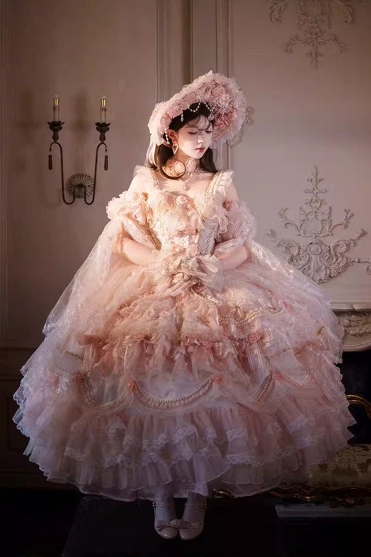 Pink [The Runaway Princess] Sleeveless Multi-Layered Printed Hanayome Bow Lace Pearl-Decorated Sweet Plus Size Gorgeous Lolita Jsk Dress - Product - 6