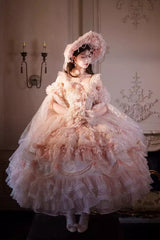 Pink [The Runaway Princess] Sleeveless Multi-Layered Printed Hanayome Bow Lace Pearl-Decorated Sweet Plus Size Gorgeous Lolita Jsk Dress - Product - 6