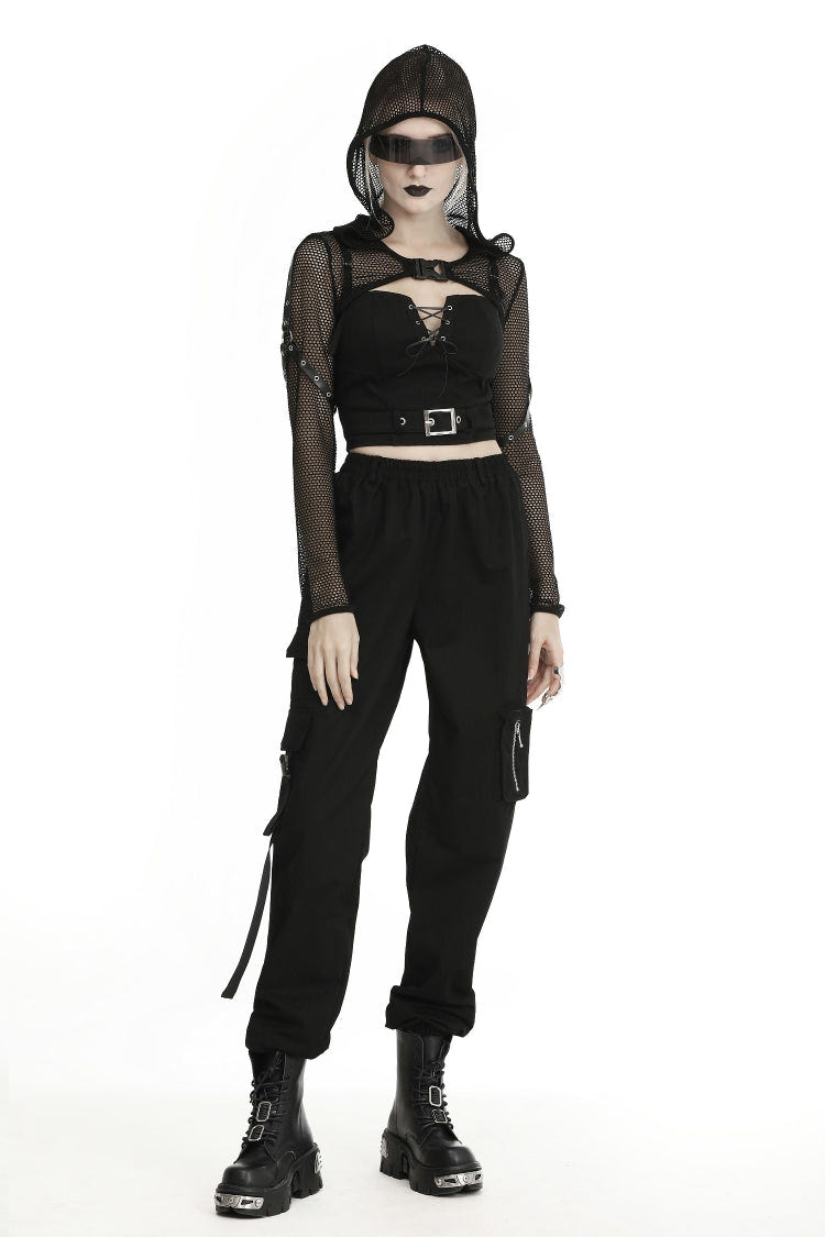Black Long Sleeves Fishnet Mesh Women's Gothic Punk Hooded Cape - Black - 1