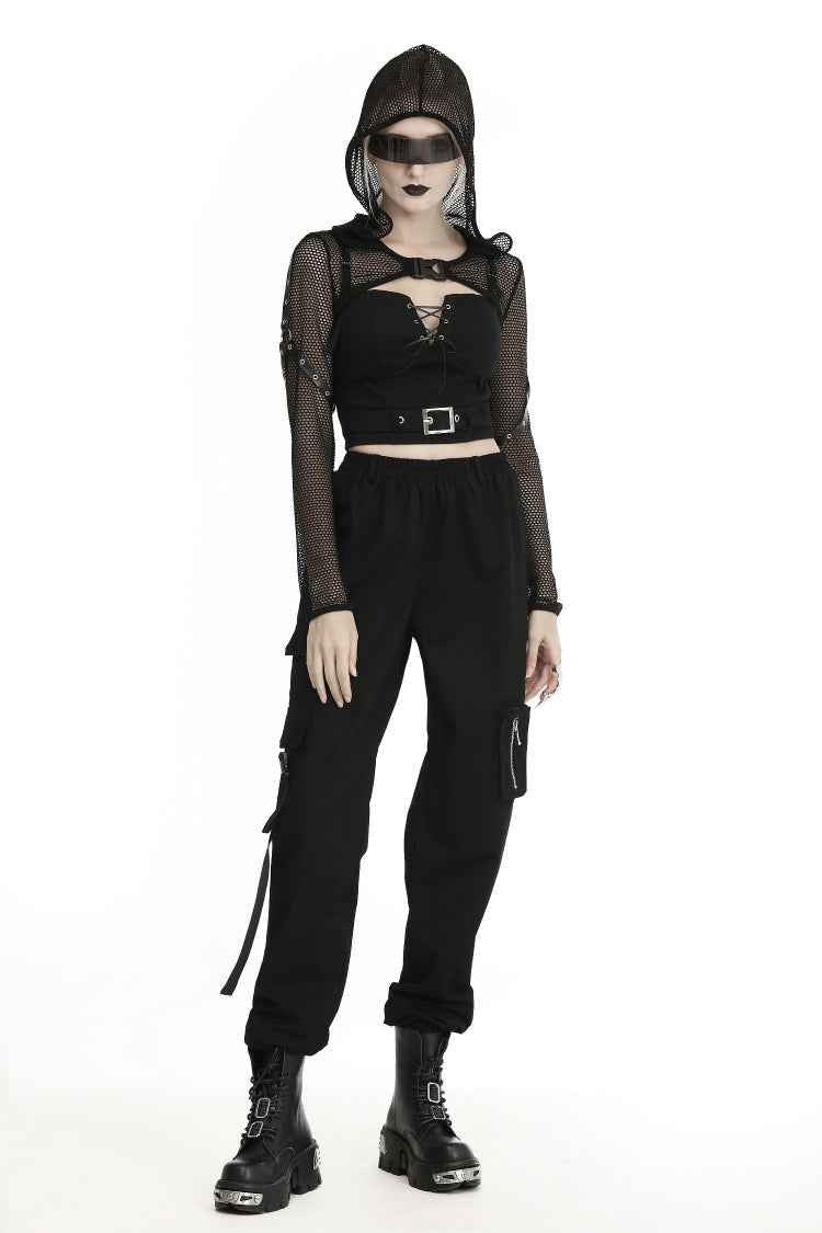 Black Long Sleeves Fishnet Mesh Women's Gothic Punk Hooded Cape - Black - 1