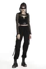Black Long Sleeves Fishnet Mesh Women's Gothic Punk Hooded Cape - Black - 1